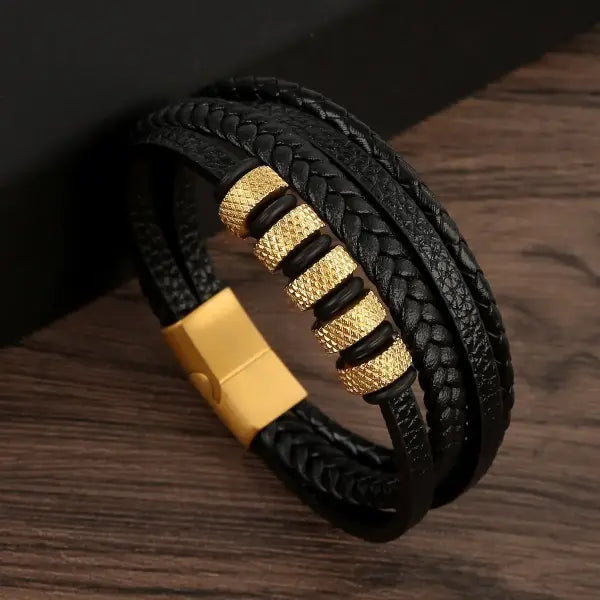 Multilayer Fashion Leather Bracelets for Men with Woven Alloy Accents