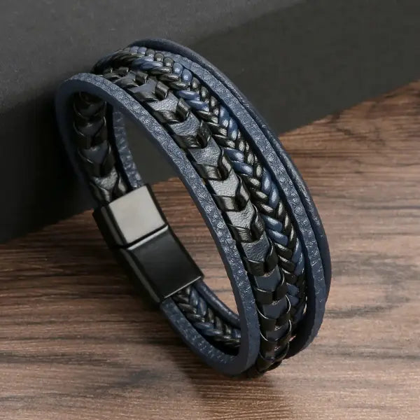 Multilayer Fashion Leather Bracelets for Men with Woven Alloy Accents - A-braid blue / 19cm long
