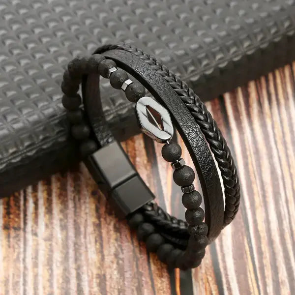Multilayer Fashion Leather Bracelets for Men with Woven Alloy Accents - M-Volcanic black / 19cm long
