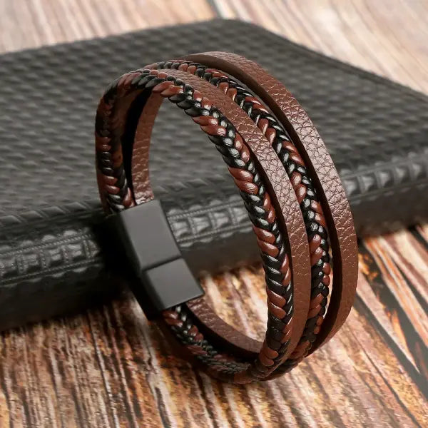 Multilayer Fashion Leather Bracelets for Men with Woven Alloy Accents - C-matte black-coffee / 19cm long