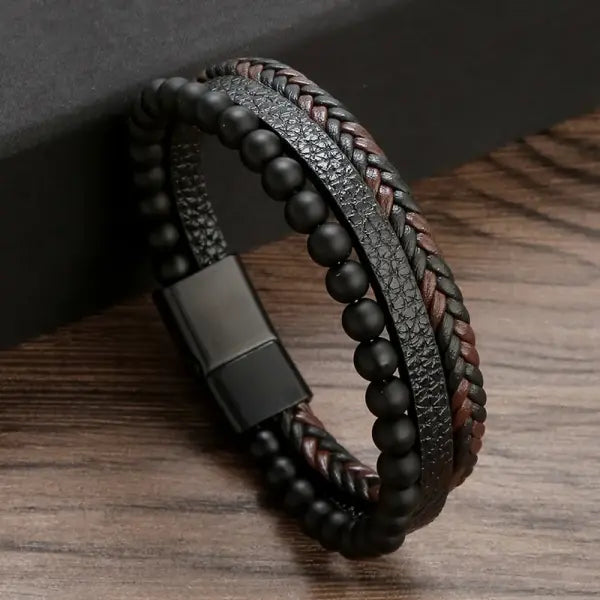 Multilayer Fashion Leather Bracelets for Men with Woven Alloy Accents - P-obsidian black / 19cm long