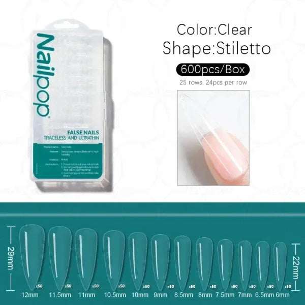 Nailpop Acrylic Nail Tips Size 0-9 600pcs for Finger Nails - Himpall