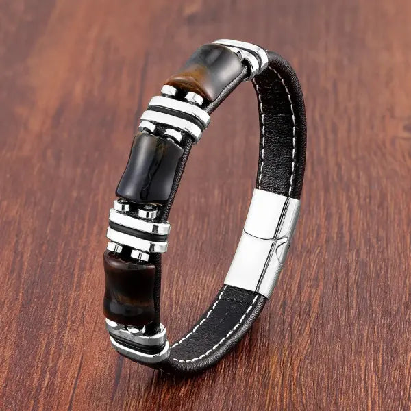 Tiger Eye Leather Rope Bracelet for Men Fashion Style - Silver-Blue Tige Eye / 21cm