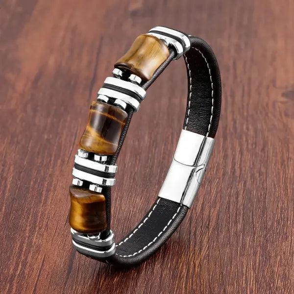 Tiger Eye Leather Rope Bracelet for Men Fashion Style - Silver-Tiger Eye / 21cm