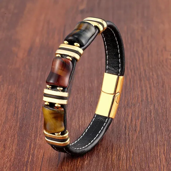 Tiger Eye Leather Rope Bracelet for Men Fashion Style - Gold-Mixed Tiger / 21cm