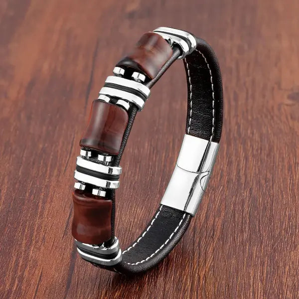 Tiger Eye Leather Rope Bracelet for Men Fashion Style - Silver-Red Tiger Eye / 19cm