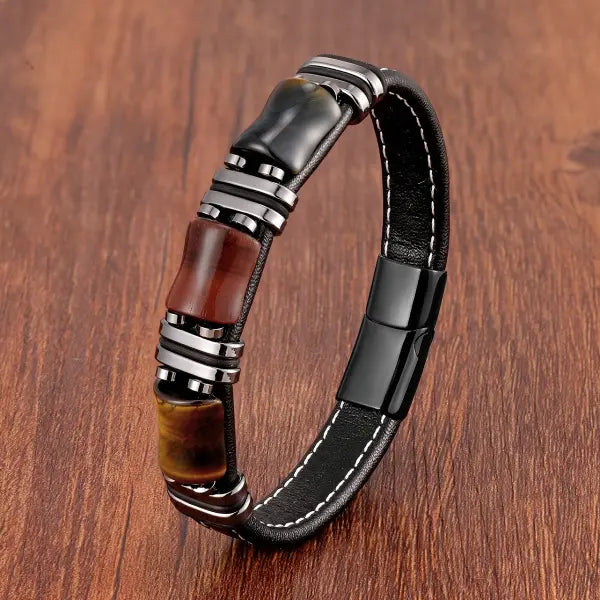 Tiger Eye Leather Rope Bracelet for Men Fashion Style - Black-Mixed Tiger / 19cm