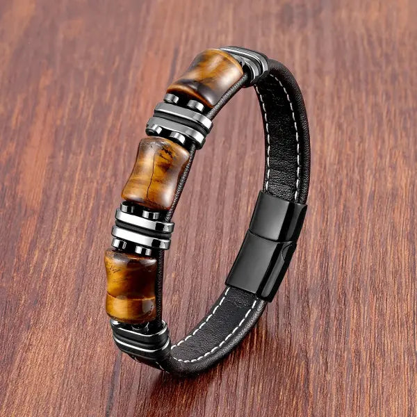 Tiger Eye Leather Rope Bracelet for Men Fashion Style - Black-Tiger Eye / 21cm