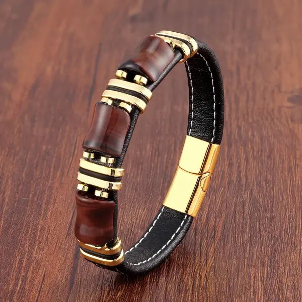 Tiger Eye Leather Rope Bracelet for Men Fashion Style - Gold-Red Tiger Eye / 21cm
