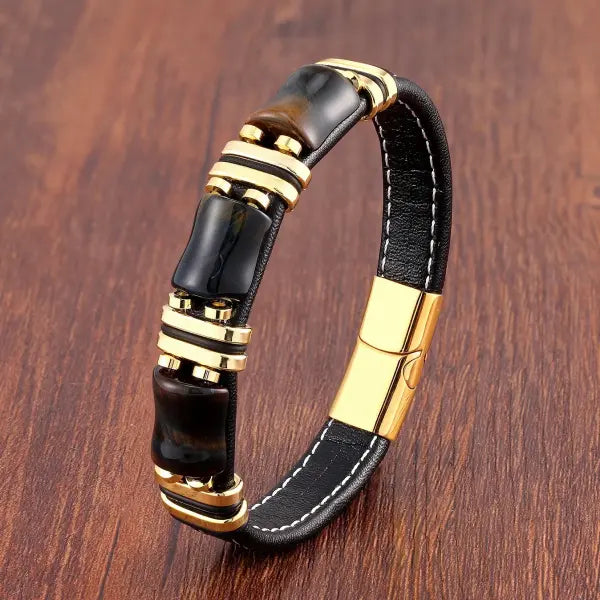 Tiger Eye Leather Rope Bracelet for Men Fashion Style - Gold-Blue Tiger Eye / 23cm