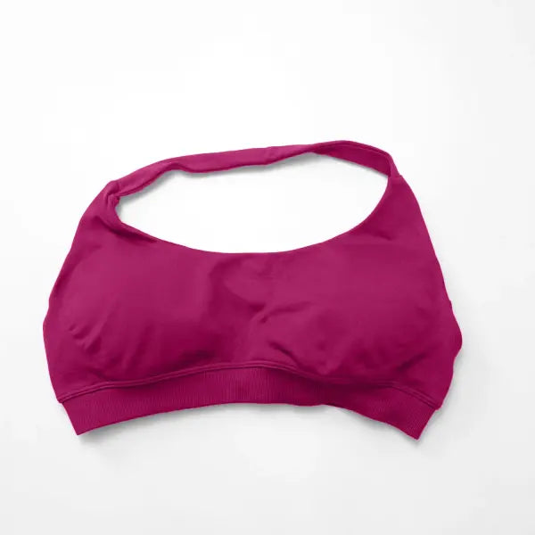 High Impact Seamless Halter Sports Bra - Open Back Push-Up Gym Top - High Support Yoga & Fitness Underwear - Berry Red