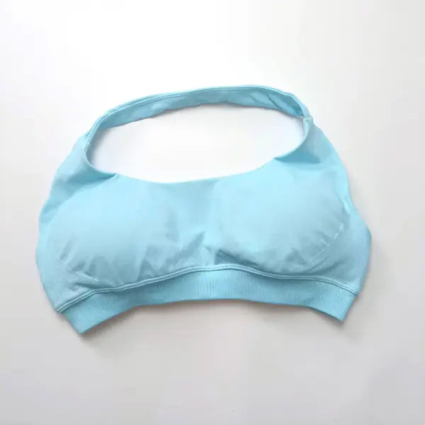 High Impact Seamless Halter Sports Bra - Open Back Push-Up Gym Top - High Support Yoga & Fitness Underwear - Light Blue