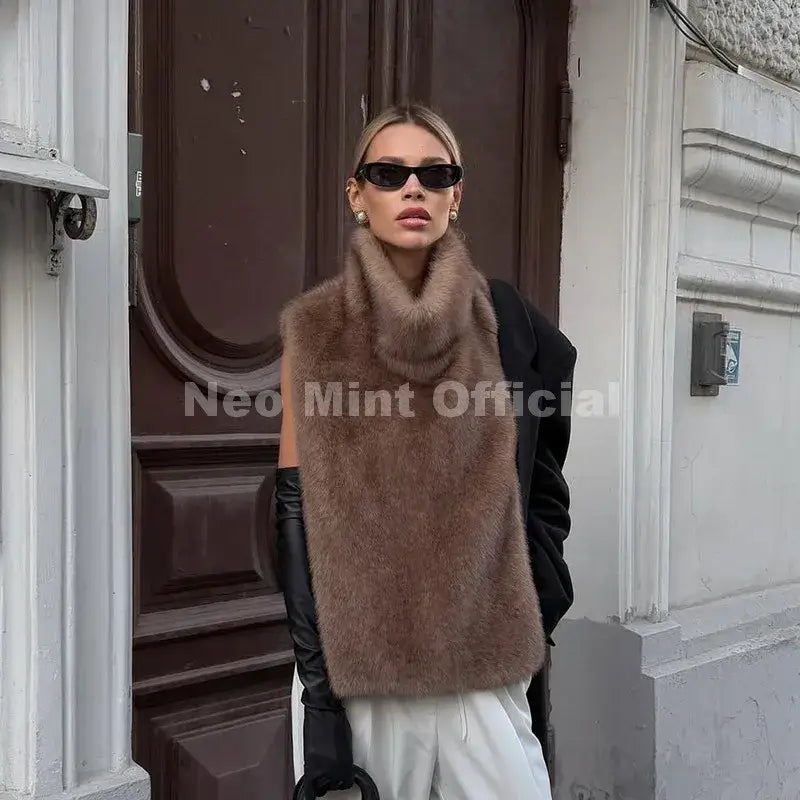 Neo Mint 2025 Brand Fashion Faux Fur Sable Vest Crop Top Autumn Winter Turtleneck Eco Mink Fur Tank Tops Sleeveless