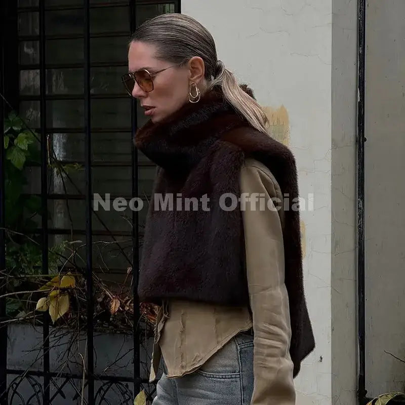 Neo Mint 2025 Brand Fashion Faux Fur Sable Vest Crop Top Autumn Winter Turtleneck Eco Mink Fur Tank Tops Sleeveless