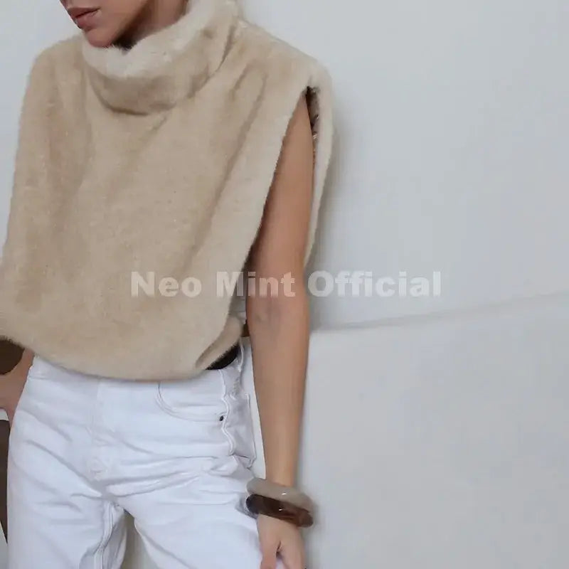 Neo Mint 2025 Brand Fashion Faux Fur Sable Vest Crop Top Autumn Winter Turtleneck Eco Mink Fur Tank Tops Sleeveless