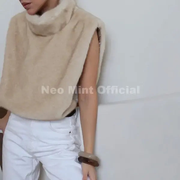 Women’s Faux Fur Sable Crop Vest | Winter Turtleneck Eco Mink Sleeveless Fur Tank Top - solid beige vest top / One Size