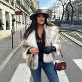 Women’s Striped Faux Fur Jacket – Fluffy Winter Coat with Fox-Style Collar Trendy Fashion Outerwear