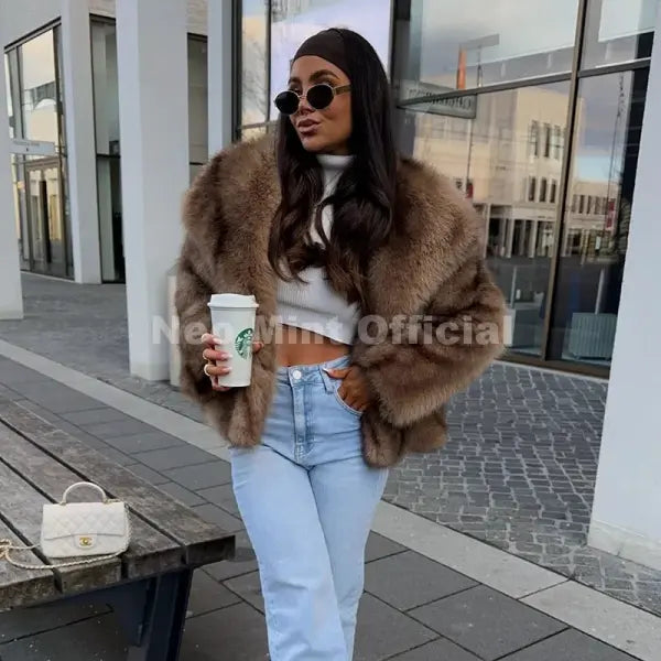 Women’s Striped Faux Fur Jacket – Fluffy Winter Coat with Fox-Style Collar Trendy Fashion Outerwear - khaki striped