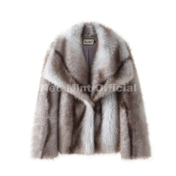 Women’s Striped Faux Fur Jacket – Fluffy Winter Coat with Fox-Style Collar Trendy Fashion Outerwear - blue striped coat