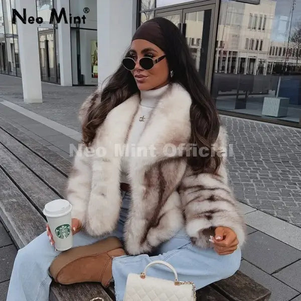 Women’s Striped Faux Fur Jacket – Fluffy Winter Coat with Fox-Style Collar Trendy Fashion Outerwear