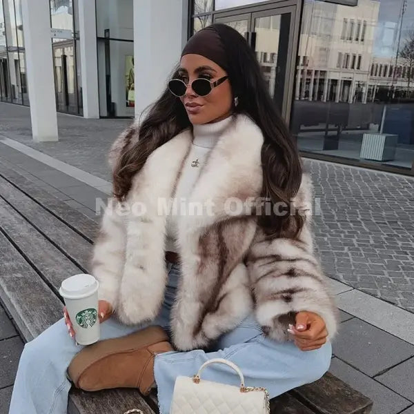 Women’s Striped Faux Fur Jacket – Fluffy Winter Coat with Fox-Style Collar Trendy Fashion Outerwear - white striped