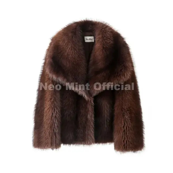 Women’s Striped Faux Fur Jacket – Fluffy Winter Coat with Fox-Style Collar Trendy Fashion Outerwear - brown striped