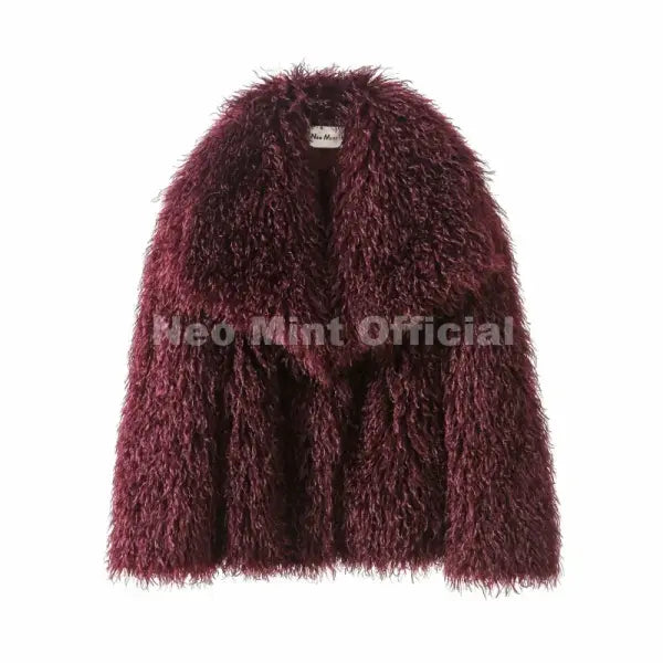 Women’s Faux Fur Coat – Chic Brown Winter Jacket with Big Collar - burgundy fur coat / S