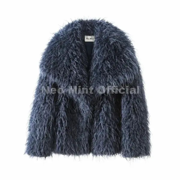 Women’s Faux Fur Coat – Chic Brown Winter Jacket with Big Collar - navy fur coat / XL