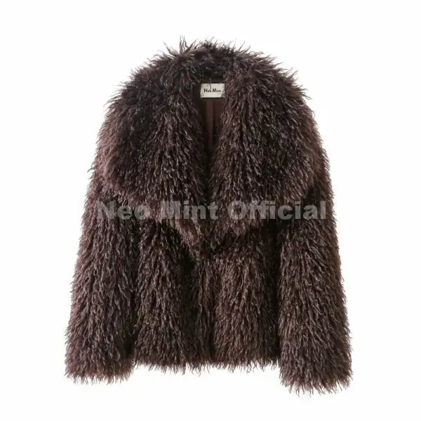 Women’s Faux Fur Coat – Chic Brown Winter Jacket with Big Collar - brown fur coat / S