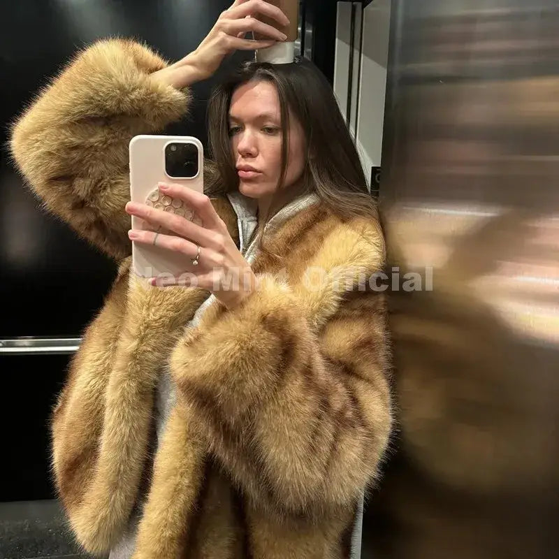 Neo Mint Luxury Brand Fashion Women Yellow Striped Faux Fur Jacket Coat Chic Girls 2025 Winter Oversized Warm Outerwear