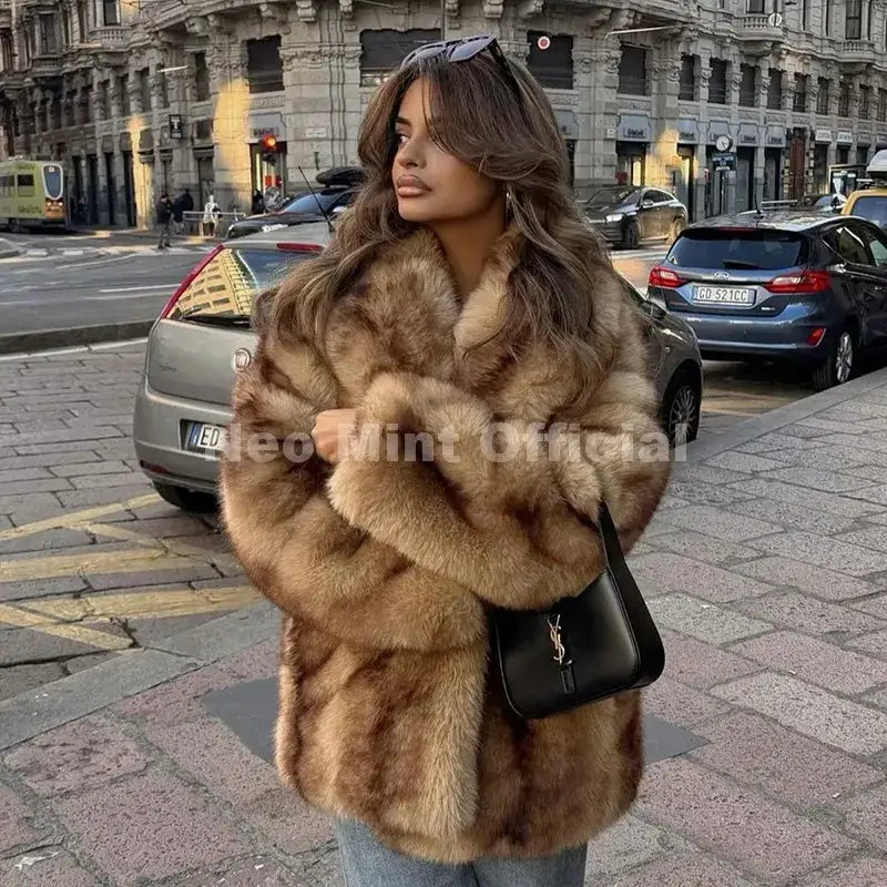 Neo Mint Luxury Brand Fashion Women Yellow Striped Faux Fur Jacket Coat Chic Girls 2025 Winter Oversized Warm Outerwear