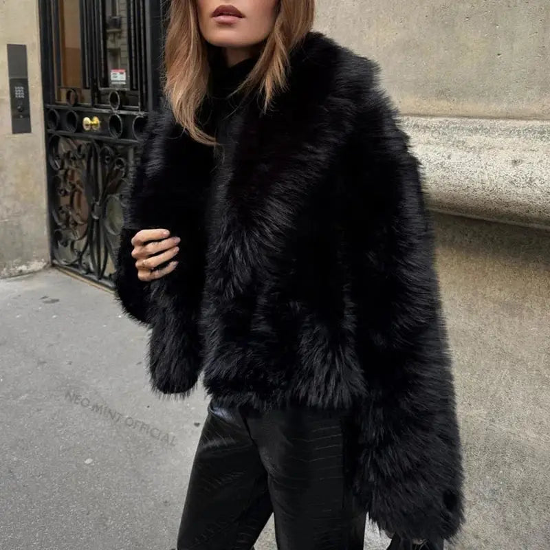 Neo Mint Street Fashion Shawl Collar Faux Fox Fur Coat Women 2024 Winter Cool Girls Black Short Fur Jacket Vintage Chic