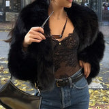 Neo Mint Street Fashion Shawl Collar Faux Fox Fur Coat Women 2024 Winter Cool Girls Black Short Fur Jacket Vintage Chic