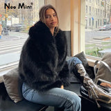 Neo Mint Street Fashion Shawl Collar Faux Fox Fur Coat Women 2024 Winter Cool Girls Black Short Fur Jacket Vintage Chic