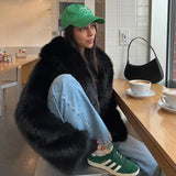 Neo Mint Street Fashion Shawl Collar Faux Fox Fur Coat Women 2024 Winter Cool Girls Black Short Fur Jacket Vintage Chic