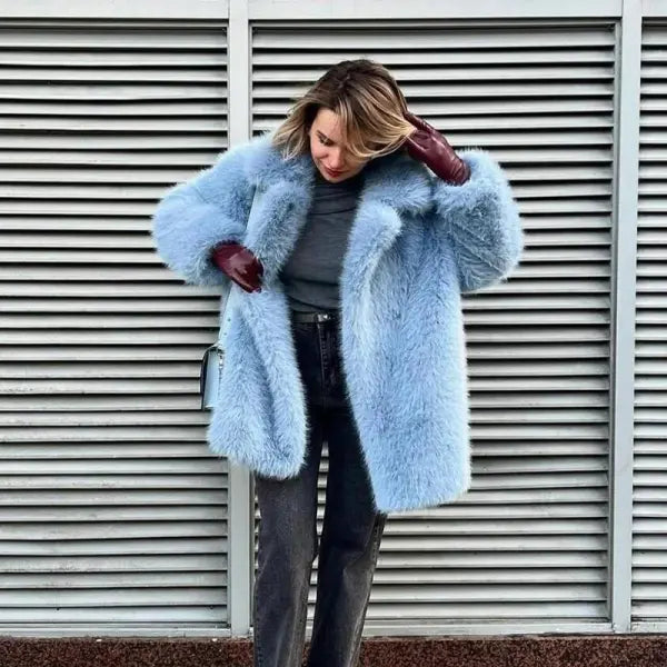 High Quality Women’s Faux Fur Coat – Thick Warm Winter Long Fox Fur Overcoat - baby blue fur coat / XXL