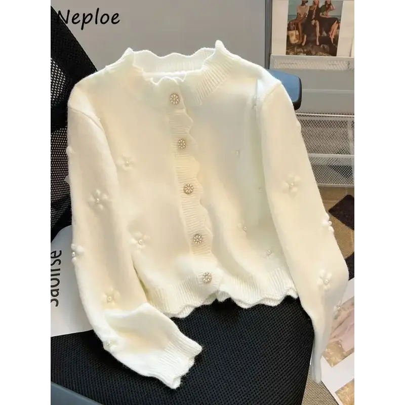 Neploe Simple Fashion Commuter Loose Deading Cardigan Korea All-match Warm Flower Fungus Knitted Winter French Style