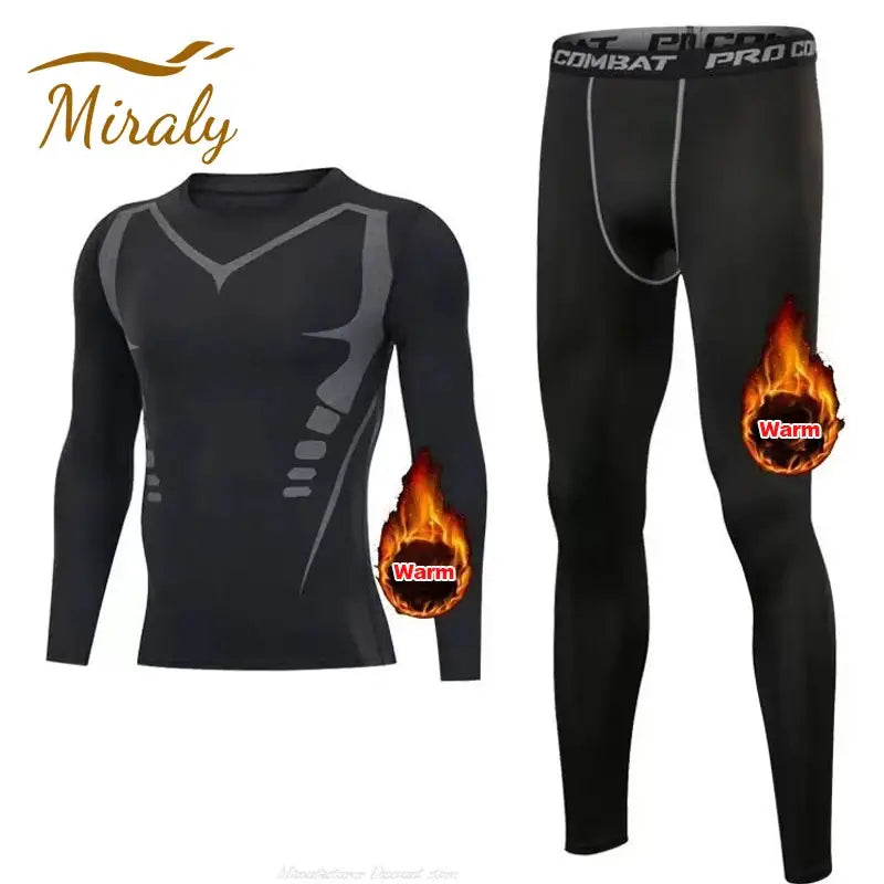New 2-pieces Winter Warm Men Underwear Set Fleece Thermal Undershirts Long Johns Compression Tights Fitness Sports