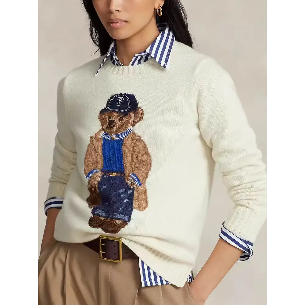 New 2024 Autumn Winter Pullover Sweater Women Cashmere Knitwear Tops Bear Print Warm Pullovers Korean Fashion Chic