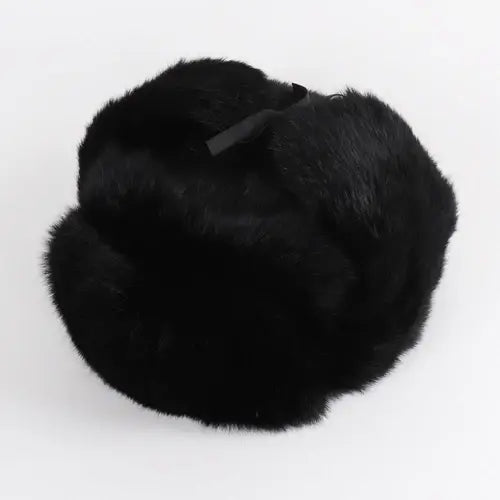 Men’s Russian Rabbit Fur Trapper Hat – Thick Winter Bomber Cap - Black / 57cm