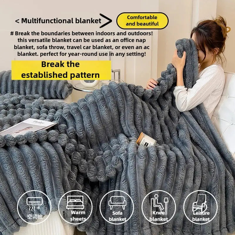 Artificial Rabbit Plush Throw Blanket Striped Knit Ultimate Warmth