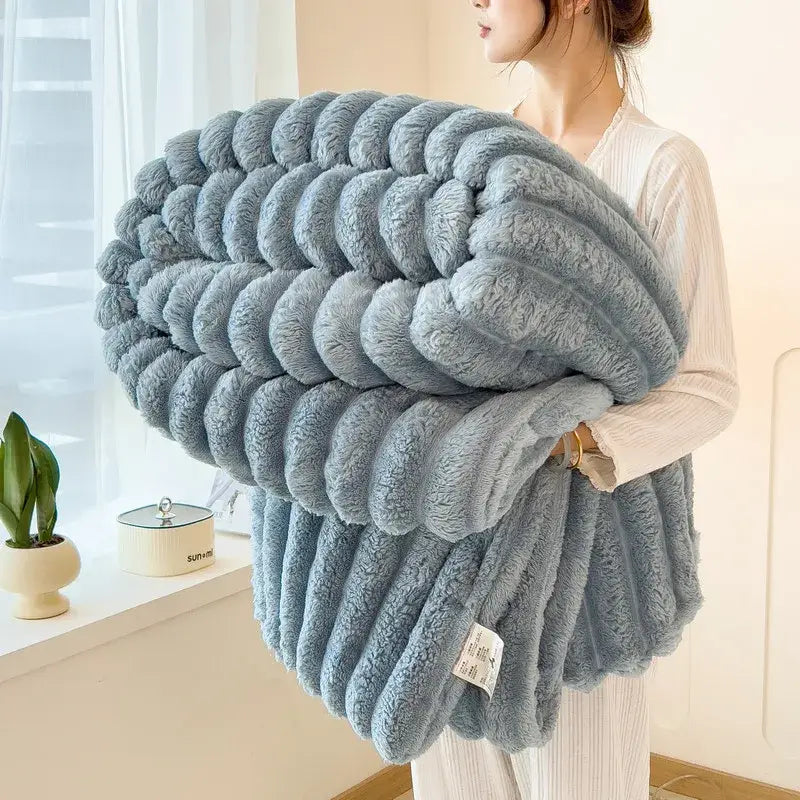 Artificial Rabbit Plush Throw Blanket Striped Knit Ultimate Warmth - Blue-grey / 226x226cm