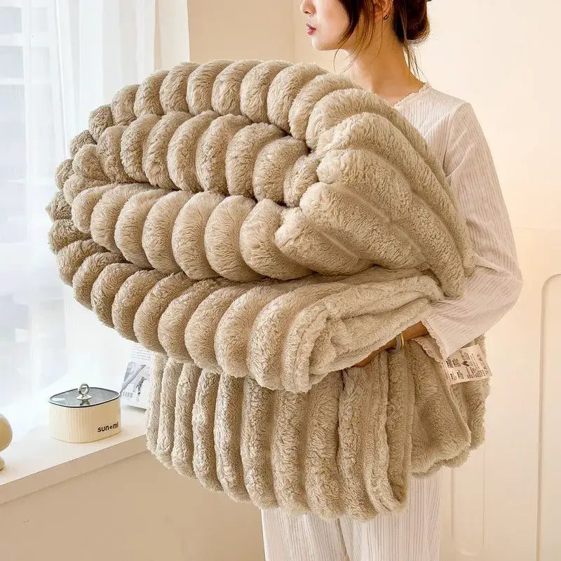 Artificial Rabbit Plush Throw Blanket Striped Knit Ultimate Warmth - Khaki / 226x274cm