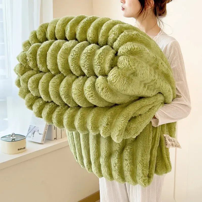 Artificial Rabbit Plush Throw Blanket Striped Knit Ultimate Warmth - Fruit Green / 226x226cm