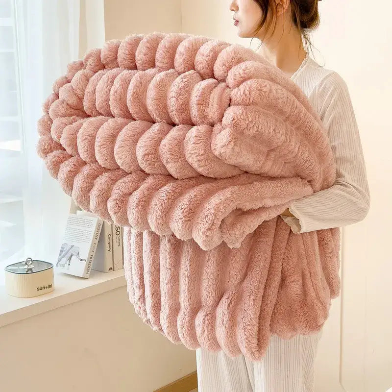 Artificial Rabbit Plush Throw Blanket Striped Knit Ultimate Warmth - Pink / 226x274cm