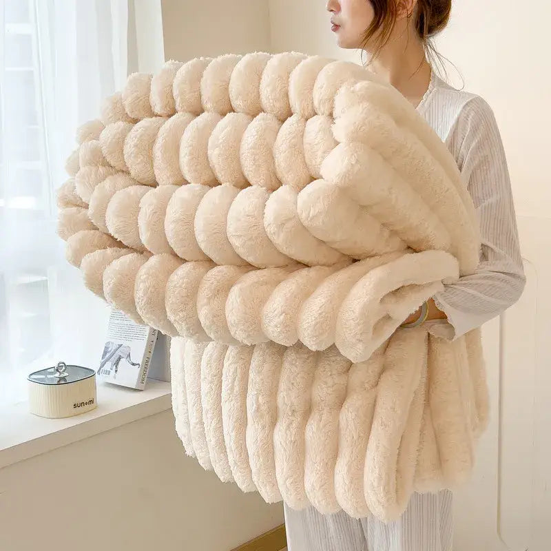 Artificial Rabbit Plush Throw Blanket Striped Knit Ultimate Warmth - Beige / 226x274cm