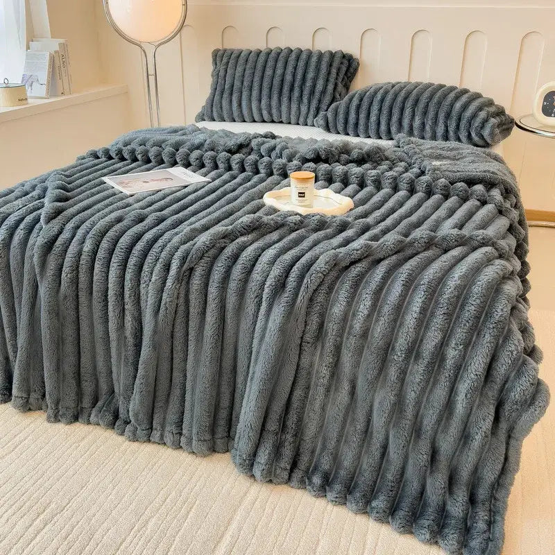 Artificial Rabbit Plush Throw Blanket Striped Knit Ultimate Warmth