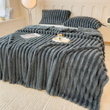 Artificial Rabbit Plush Throw Blanket Striped Knit Ultimate Warmth