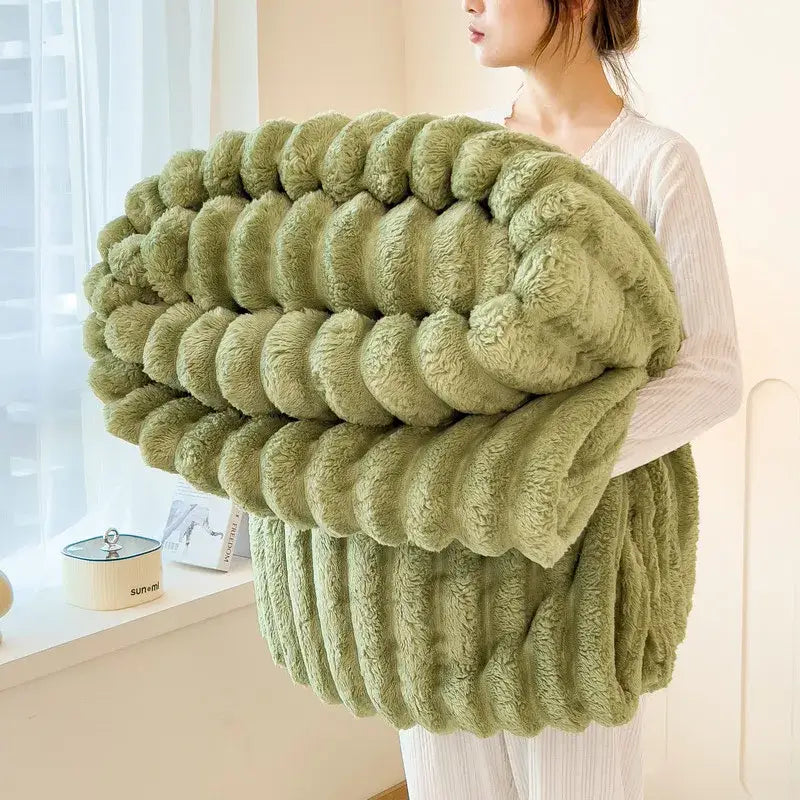 Artificial Rabbit Plush Throw Blanket Striped Knit Ultimate Warmth - Olive Green / 226x226cm