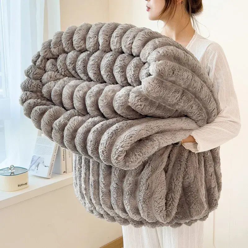 Artificial Rabbit Plush Throw Blanket Striped Knit Ultimate Warmth - Light Grey / 226x226cm